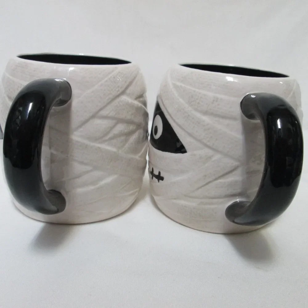 Pier 1 One Ghost Mug Cup Hand Painted Dolomite Halloween Spooky Set 2 dish safe